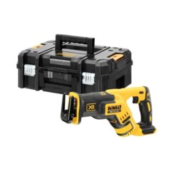 a black and yellow tool box and a power tool
