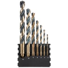 7 stuks houder + Black & Gold ronde schacht metaalboren 3mm, 4mm, 5mm, 6mm, 8mm, 10mm, 12mm